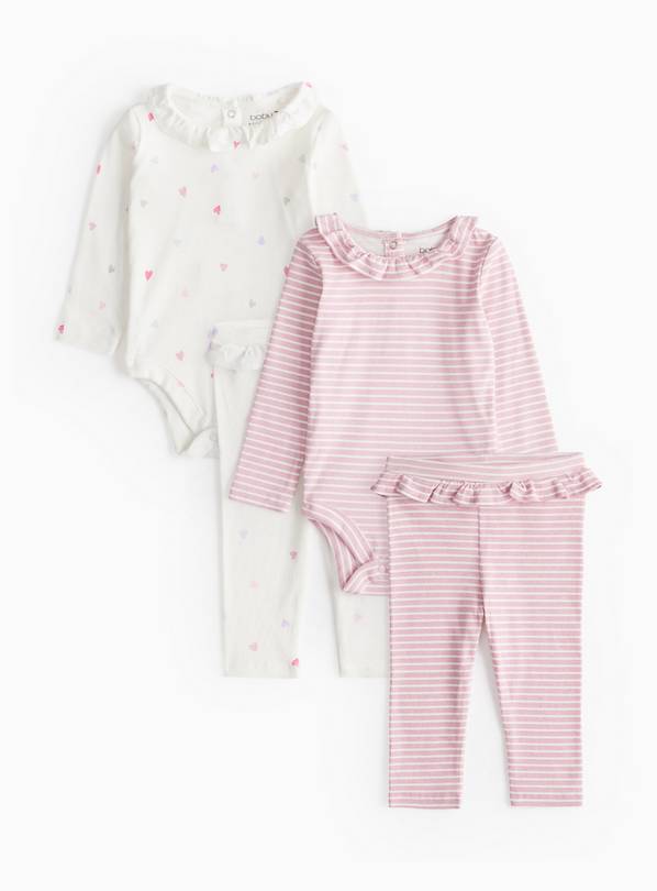 Pink Stripe & White Heart Print Bodysuit With Leggings Sets 2 Pack  9-12 months